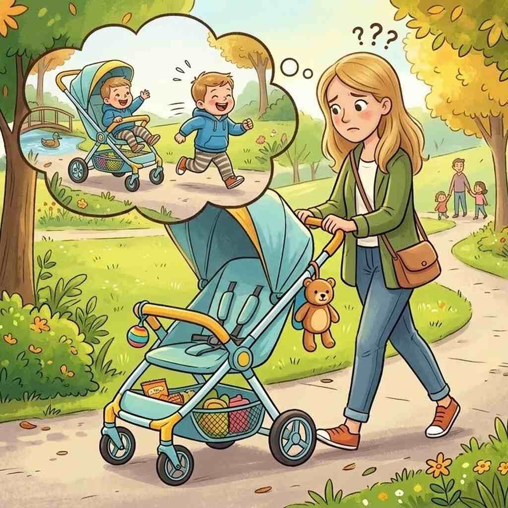 Zastanawiająca się mama pcha pusty wózek, marząc o spokojnej jeździe i radosnym dziecku. Porady dla rodziców na blogu.